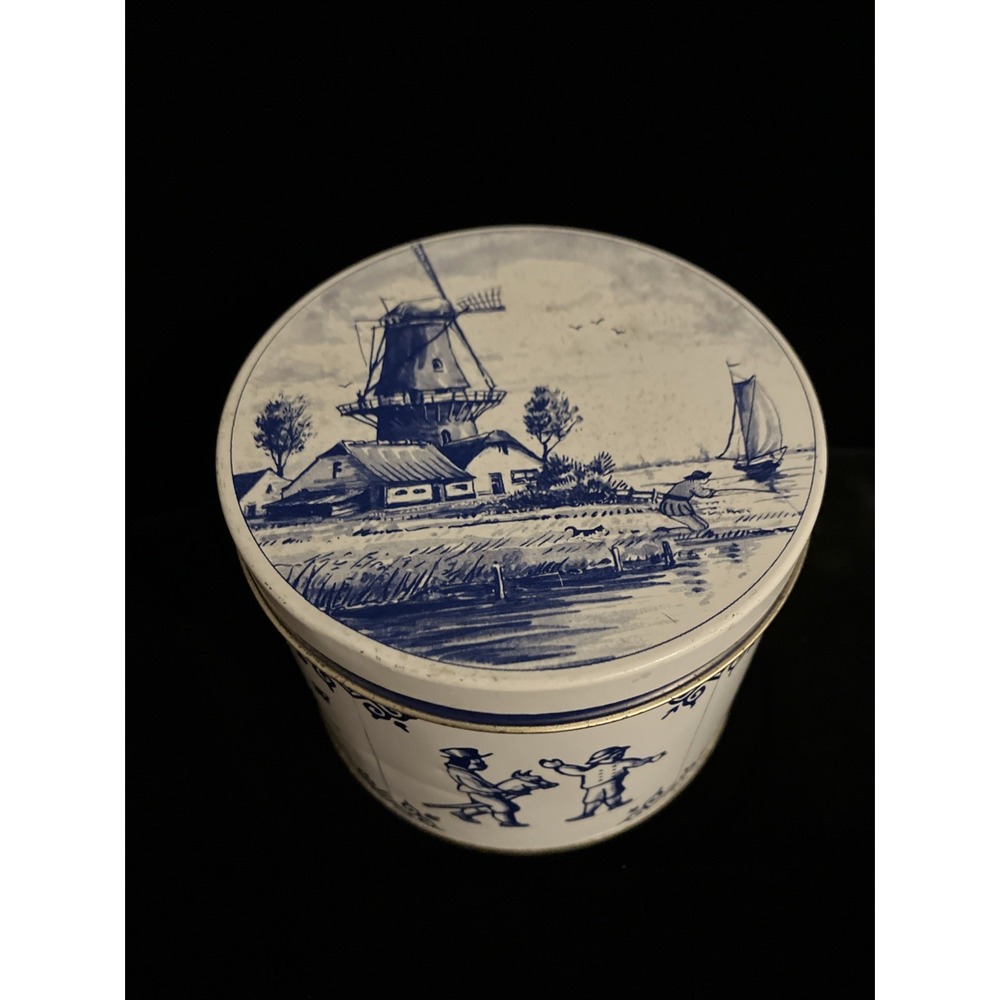Dutch Rosenberg Blue White Metal Tin W/ Lid Children at Play Windmill Maranto